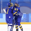 GANGNEUNG, SOUTH KOREA - FEBRUARY 10: Sweden's Sara Grahn #1 and Erika Grahm #24 celebrate after a 2-1 preliminary round win against Japan at the PyeongChang 2018 Olympic Winter Games. (Photo by Andre Ringuette/HHOF-IIHF Images)

